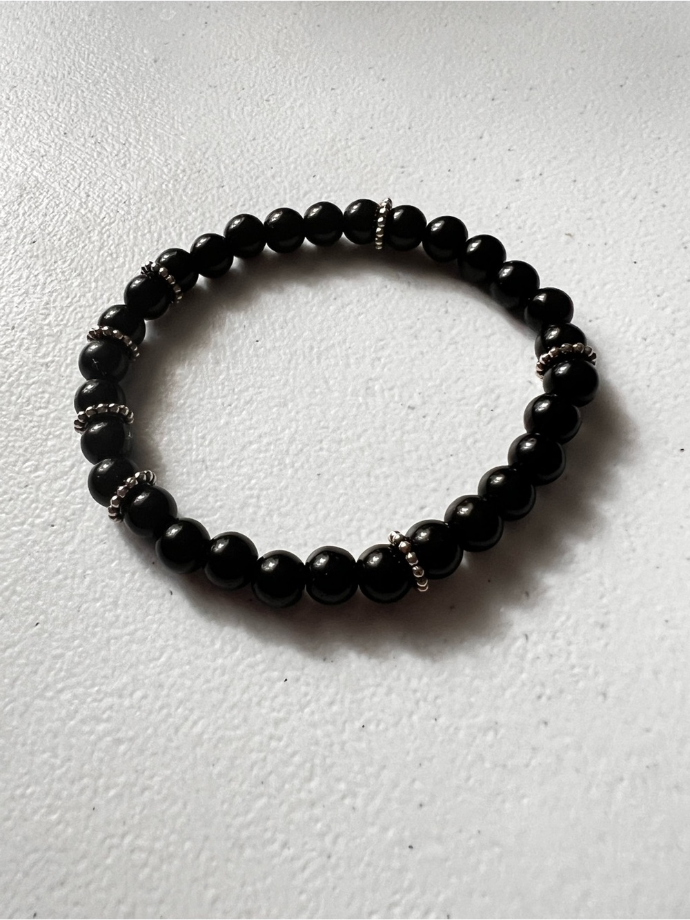 Men's Black Beaded Stretch Bracelet with Silver Accents